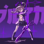  1girl absurdres adapted_costume blue_archive boots breasts bright_pupils character_name commentary_request cosplay crossover full_body hair_ornament hairclip halo hand_up haruka_(blue_archive) highres kill_la_kill korean_commentary lace-up_boots long_sidelocks matoi_ryuuko matoi_ryuuko_(cosplay) midriff navel physics planted planted_sword pleated_skirt pose_imitation purple_background purple_boots purple_eyes purple_hair purple_halo purple_skirt purple_theme scissor_blade_(kill_la_kill) seacada short_hair short_hair_with_long_locks sidelocks skirt small_breasts sparkle standing suspender_skirt suspenders sword underboob weapon white_pupils 