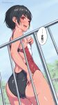  1girl adjusting_clothes adjusting_swimsuit ass black_hair blush breasts commentary_request competition_swimsuit from_behind heart heavy_breathing highres iron_bars kanikatsuya looking_at_viewer one-piece_swimsuit original paid_reward_available parted_lips pulling_own_clothes red_eyes shiny_skin short_hair small_breasts solo solo_focus speech_bubble sportswear sweat swimming_club_girl_(kanikatsuya) swimsuit talking tan tanline_peek tanlines teeth tomboy upper_teeth_only very_sweaty wet wet_clothes 