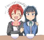  2girls :d ^_^ black_hair black_jacket blue_eyes blue_shirt blush_stickers bowl closed_eyes eighth_note facial_mark facing_viewer hand_on_another's_shoulder hood hood_down hooded_jacket idolmaster idolmaster_million_live! jacket julia_(idolmaster) long_hair looking_at_viewer mogami_shizuka multiple_girls musical_note open_clothes open_jacket open_mouth red_hair shirt short_hair side-by-side smile star_(symbol) star_facial_mark sweat translation_request tsubobot 