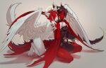 absurd_res affectionate angel anthro black_body black_hair black_scales breasts calm comforting cuddling deity dragon duo european_mythology exposed feathered_wings feathers female fluffy fluffy_tail fur hair halo hi_res horn hug hybrid intimate kazumi_caelamor khomche kneeling mythological_creature mythological_scalie mythology nipple_piercing nipples nude piercing red_body red_hair red_scales scales scalie seraph_(angel) sitting tail western_dragon white_body white_fur wings womb_tattoo wyvern