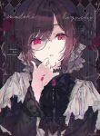  1girl black_bow black_bowtie black_dress black_flower black_sleeves blood blood_on_face blood_on_hands bow bowtie brown_hair buttons capelet commentary_request dress finger_to_cheek finger_to_face flower gem glasses hair_flower hair_ornament hand_up higuchi_madoka idolmaster idolmaster_shiny_colors long_sleeves looking_at_viewer mole mole_under_eye monocle pink_eyes puffy_sleeves red_gem round_eyewear short_hair solo soriya upper_body white_capelet 