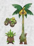  abstract_background absurdres banana calwakerz evolutionary_line exeggcute exeggutor fakemon food fruit grass_type_theme_(pokemon) grey_background highres leaf looking_at_viewer no_humans original pokemon pokemon_(creature) sugimori_ken_(style) tree yellow_eyes 