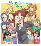  6+girls :d ;d adjusting_eyewear ahoge akizuki_ritsuko amami_haruka antenna_hair bespectacled black_hair blonde_hair blue_hair blue_shirt border bow brown_hair commentary_request fang folded_ponytail futami_ami futami_mami ganaha_hibiki glasses green_shirt grey_hair grey_jacket grey_pants grey_suit hagiwara_yukiho hair_bow happy_birthday highres hood hoodie hoshii_miki idolmaster idolmaster_(classic) idolmaster_2 jacket kikuchi_makoto kisaragi_chihaya lapels long_hair long_sleeves looking_at_viewer minase_iori miura_azusa multiple_girls multiple_hair_bows notched_lapels one_eye_closed open_mouth orange_shirt outside_border pants pink_jacket ponytail red_bow red_hoodie shijou_takane shirt short_hair short_sleeves side_ponytail sleeveless sleeveless_sweater smile sparkle standing star_(symbol) suit suit_jacket sunglasses sweatdrop sweater takatsuki_yayoi tsubobot twintails white_border yellow_background 