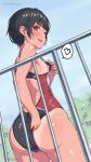 1girl adjusting_clothes adjusting_swimsuit ass black_hair blush breasts clothes_pull commentary_request competition_swimsuit from_behind heart heavy_breathing highres iron_bars kanikatsuya looking_at_viewer nipple_slip nipples one-piece_swimsuit one-piece_swimsuit_pull one_breast_out original paid_reward_available parted_lips presenting pulling_own_clothes red_eyes shiny_skin short_hair small_breasts solo solo_focus speech_bubble sportswear sweat swimming_club_girl_(kanikatsuya) swimsuit tan tanline_peek tanlines teeth tomboy tongue tongue_out very_sweaty wet wet_clothes 