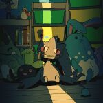  action_figure azumarill banette brock_(pokemon) clefairy commentary_request crack_of_light geodude light_particles magnemite no_humans oddish pidgeot pokemon pokemon_(creature) pokemon_red/green/blue/yellow potion saboteri_(savot) sitting stuffed_toy substitute_(pokemon) wooden_floor 