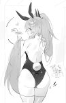  2girls absurdres animal_ears ass bare_back clear_(djmax) commentary djmax doodle_inset fail_(djmax) fake_animal_ears from_behind greyscale hands_up highres holding_hair_tube horns korean_text leotard long_hair looking_at_another looking_at_viewer looking_back monochrome multiple_girls parted_lips pkts1017 rabbit_ears rabbit_tail red_eyes simple_background sleeveless spot_color strapless strapless_leotard tail thigh_gap translation_request very_long_hair white_background 