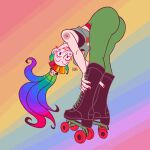  ass boots clown clown_makeup commentary english_commentary huge_ass joculine leggings margotkix multicolored_hair psycholonials rainbow_hair roller_skates skates 