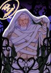 1boy abs beard cape commentary_request facial_hair grey_hair highres male_focus mature_male mummy_costume musasabiop mustache_stubble old old_man one_piece open_mouth round_eyewear scar scar_across_eye scar_on_face silvers_rayleigh solo speech_bubble stubble thorns trick_or_treat white_cape 