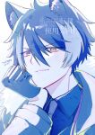  absurdres animal_ears black_gloves black_hair closed_mouth commentary fang gloves hair_between_eyes head_rest highres holostars jackal_boy jackal_ears kageyama_shien kageyama_shien_(1st_costume) long_sleeves looking_at_viewer multicolored_hair olen_0710 portrait simple_background slit_pupils smile two-tone_hair virtual_youtuber white_background yellow_eyes 