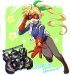  1girl ahoge bakusou_kyoudai_let's_&amp;_go!! belt blue_eyes blush bodysuit boots breasts character_name commentary_request full_body gloves gloves_over_sleeves green_ribbon hair_ribbon high_ponytail in-ear_earphones jacket josephine_goodwin large_breasts long_sleeves open_mouth pants ponytail red_gloves red_goggles ribbon smile star_(symbol) suzurino toy_car white_jacket 