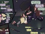 4_panel_comic absurd_res ambiguous_gender ambiguous_penetration american_opossum anthro armor blood bodily_fluids bottomless butt carmine_mcscarra clothed clothing comic cum cum_inside cum_on_butt cum_pooling defeat_sex dialogue electronics female_(lore) fight fingerless_gloves forced genital_fluids gloves handwear hi_res human instant_loss_2koma knife latex latex_clothing latex_skinsuit legwear male male/ambiguous mammal marsupial night nosebleed outside penetration peril radio rape resisting rooftop sequence sex skinsuit sneaking_suit speech_bubble text tight_clothing torn_clothing torn_legwear walkie-talkie waschbar