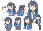  1girl black_hair black_pantyhose black_skirt blue_eyes blue_shirt blush_stickers closed_mouth commentary_request facepalm hand_puppet idolmaster idolmaster_million_live! long_hair mogami_shizuka multiple_views pantyhose pointing puppet shirt simple_background skirt standing tsubobot v-shaped_eyebrows white_background 