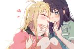  2girls ahoge black_hair black_shirt blonde_hair blush cho_kaguya-hime! closed_eyes collarbone face-to-face facing_another green_eyes green_pajamas hand_on_own_chin heart holding holding_pillow hzs_yumu kaguya_(cho_kaguya-hime!) long_hair mole mole_under_eye multiple_girls open_mouth pajamas pillow pink_pillow sakayori_iroha shirt short_sleeves small_sweatdrop smile white_background yuri 