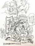  2girls anger_vein angry antlers biting_own_tail blush boots closed_eyes commentary_request cowboy_hat dragon_girl dragon_horns dragon_tail feathered_wings hat horns kicchou_yachie kurokoma_saki leg_lock menotama multi-source_commentary multiple_girls open_mouth shirt shoes short_sleeves sitting smile speech_bubble tail teeth tickle_torture tickling tickling_sides touhou traditional_media translation_request upper_teeth_only wings 