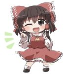  1girl ;d ascot bare_shoulders black_eyes black_shoes blush bow brown_hair chibi chibi_only commentary_request detached_sleeves frilled_bow frilled_hair_tubes frilled_skirt frills full_body hair_bow hair_tubes hakurei_reimu hand_up highres long_sleeves looking_at_viewer notice_lines one_eye_closed open_mouth red_bow red_shirt red_skirt ribbon-trimmed_sleeves ribbon_trim rokugou_daisuke shirt shoes short_hair signature simple_background skirt skirt_set smile socks solo standing touhou white_background white_sleeves white_socks wide_sleeves yellow_ascot 