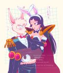  1boy animal_ears animal_nose armor blush boots bow bowtie breasts cape carrying carrying_person commentary_request detached_collar elbow_gloves facial_mark forehead_mark fur-trimmed_gloves fur-trimmed_leotard fur_trim gloves gnty2 green_cape green_eyes highres jewelry kaguya_(yaiba) knee_boots large_breasts pantyhose playboy_bunny princess_carry print_cape rabbit_ears shoulder_armor strapless sweat tsukikage_(yaiba) tuxedo white_gloves yaiba 