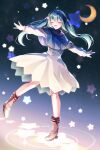  1girl :d ahoge aqua_hair black_capelet blush boots brown_boots capelet closed_eyes commentary_request crescent dancing dress full_body hatsune_miku highres long_hair long_sleeves mani_(manidrawings) outstretched_arms sidelocks smile solo twintails vocaloid white_dress 