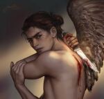  2023 angel angel_humanoid attack_on_titan blood bodily_fluids brown_hair detailed eren_jaeger facial_markings feathered_wings feathers hair hair_bun head_markings humanoid humanoidized j-witless knife looking_at_viewer male markings pale_skin realistic self-harm slim_male solo wings 