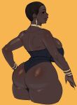  1girl backless_leotard black_leotard borrowed_character bracelet breasts brown_eyes buzz_cut dark-skinned_female dark_skin from_behind hand_on_hip highres huge_breasts jewelry leotard mole mole_under_eye open_hand orange_background original parted_lips short_hair sketch solo synecdoche very_short_hair 