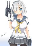  1girl absurdres adapted_turret black_legwear blue_eyes breasts cannon cowboy_shot gloves grey_sailor_collar grey_skirt hair_ornament hair_over_one_eye hairclip hamakaze_(kancolle) highres kantai_collection kinneko_garuru large_breasts looking_at_viewer neckerchief one-hour_drawing_challenge pantyhose pleated_skirt sailor_collar school_uniform serafuku short_hair short_sleeves simple_background skirt solo turret white_background white_gloves white_hair yellow_neckerchief 
