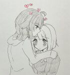  2girls ahoge blunt_bangs blunt_ends blush bob_cut commentary_request ei_(eis0612) graphite_(medium) greyscale heart highres hood hood_down hooded_jacket inverted_bob jacket kishimen_hair long_hair looking_at_another love_live! love_live!_nijigasaki_high_school_idol_club medium_hair monochrome multiple_girls nakasu_kasumi neck_ribbon nijigasaki_school_uniform pen_(medium) ribbon school_uniform short_hair simple_background sleeves_past_wrists spot_color tennoji_rina traditional_media white_background winter_uniform yuri 