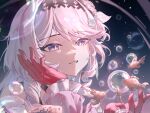  1girl bare_shoulders bubble commentary_request denia_(wuthering_waves) gloves hand_on_own_face hands_up highres koi korean_commentary long_hair nininininil parted_lips pink_hair portrait purple_eyes red_gloves smile solo wuthering_waves 