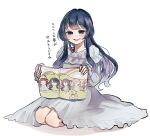  1girl aijou_rentarou black_eyes black_hair blush book chibi commentary_request eiai_nano empty_eyes frills hanazono_hahari highres holding holding_book kimi_no_koto_ga_dai_dai_dai_dai_daisuki_na_100-nin_no_kanojo long_hair long_sleeves nightgown open_book open_mouth otani_(_6mmmmano) picture_book seiza sidelocks simple_background sitting smile solo translation_request white_background white_nightgown yakuzen_kusuri yoshimoto_shizuka zetsubouda_meru 