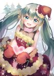  1girl :d alternate_costume blush christmas commentary_request dress fur-trimmed_dress fur_trim gradient_background green_eyes green_hair grey_background hair_between_eyes hat hatsune_miku heart highres long_hair looking_at_viewer mani_(manidrawings) mittens red_dress red_mittens santa_hat sidelocks simple_background sleeveless sleeveless_dress smile solo tree twintails very_long_hair vocaloid 