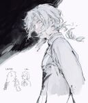  2boys alternate_hair_length_(shorter) blood braid chaldea_staff_uniform chibi chibi_inset closed_eyes coat colored_eyelashes covered_mouth cutting_hair fate/grand_order fate_(series) grey_background grey_trim hair_over_mouth long_hair looking_at_viewer male_focus marisbury_animusphere multiple_boys plm233 severed_hair short_hair solomon_(fate) translation_request white_coat white_eyes white_hair 