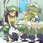  1girl :> barefoot bath bathtub bubble_bath closed_mouth collarbone green_pants ludicolo oddish open_mouth pants pokemon pokemon_(creature) pokemon_breeder_(pokemon) pokemon_x_and_y saboteri_(savot) scrub_brush shampoo shirt shower_head sitting smile wavy_mouth window yellow_shirt 