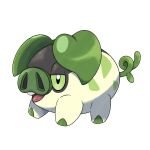 calwakerz commentary english_commentary fakemon grass_type_theme_(pokemon) green_eyes green_tail highres no_humans open_mouth original pig pokemon pokemon_(creature) solo sugimori_ken_(style) teeth upper_teeth_only 