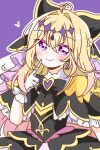  1girl antenna_hair black_bow black_bowtie black_capelet black_dress blonde_hair bow bowtie brooch capelet commentary_request cure_arcana_shadow diamond_hairband dress earrings frilled_capelet frills gloves gradient_hair hair_intakes heart heart_brooch highres jewelry long_hair looking_at_viewer magical_girl meitantei_precure! moria_luluka multicolored_hair outline precure purple_background purple_eyes purple_veil simple_background solo veil wakana1327 white_gloves white_outline 