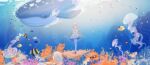  1girl air_bubble animal blue_bow blue_shoes bow bubble caustics closed_eyes clownfish commentary_request coral dress fish footwear_bow frilled_dress frills full_body grey_hair hands_on_own_chest hat jellyfish long_hair luo_tianyi miqing musical_note musical_note_print musical_staff own_hands_together pantyhose pleated_dress print_dress sailor_hat school_of_fish shoes short_dress solo standing underwater very_long_hair vocaloid vsinger_(vocaloid) whale white_dress white_hat white_pantyhose wide_shot 