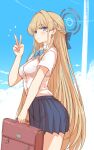  1girl blonde_hair blue_archive blue_bow blue_bowtie blue_eyes blue_halo blue_ribbon blue_skirt blue_streaks bow bowtie bra_visible_through_clothes braid breasts briefcase closed_mouth collared_shirt commentary_request cropped_legs day expressionless hair_ribbon half_up_braid halo halo_behind_head highres holding holding_briefcase kooriyama_azuki long_hair looking_at_viewer medium_breasts multicolored_hair notice_lines outdoors pleated_skirt ribbon ring_of_light_(blue_archive) school_briefcase school_uniform shirt shirt_tucked_in short_sleeves skirt solo streaked_hair toki_(blue_archive) toki_(school_uniform)_(blue_archive) v very_long_hair white_shirt 