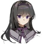  1girl absurdres akemi_homura black_capelet black_eyes black_hair bow bowtie capelet closed_mouth collared_capelet cropped_torso dot_nose expressionless eyelashes grey_capelet hair_between_eyes hairband highres light_frown long_hair looking_at_viewer magical_girl mahou_shoujo_madoka_magica mahou_shoujo_madoka_magica_(anime) purple_bow purple_bowtie purple_hairband shanguang_san_he_yi_xiao_ci_guai simple_background solo straight_hair two-tone_capelet white_background 