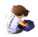  1boy black_pants brown_hair commentary_request deformed dougi folded_clothes folding_clothes from_behind full_body gakuran japanese_clothes karate_gi matsuena_shun motion_lines official_art pants school_uniform seiza shijou_saikyou_no_deshi_ken'ichi shirahama_ken'ichi short_hair sitting sleeveless unworn_clothes white_dougi 