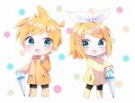  1boy 1girl :d ahoge black_pants blonde_hair blue_eyes blush boots bow chibi commentary_request cowlick full_body hair_bow hair_ornament hairclip jacket kagamine_len kagamine_rin looking_at_viewer mani_(manidrawings) medium_hair open_mouth pants parallel_hairclips polka_dot polka_dot_background raincoat short_hair sidelocks simple_background smile standing swept_bangs umbrella vocaloid white_background white_bow yellow_boots yellow_jacket 