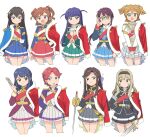  6+girls :d adjusting_eyewear aiguillette aijo_karen ascot black_hair black_jacket black_skirt blonde_hair blue_eyes blue_hair blue_jacket blue_skirt brown_eyes brown_hair brown_hairband closed_mouth cropped_legs daiba_nana epaulettes glasses green_eyes green_jacket green_skirt grey_skirt hair_ornament hairband hanayagi_kaoruko hand_fan highres holding holding_fan holding_sword holding_weapon hoshimi_junna isurugi_futaba jacket kagura_hikari long_hair miniskirt multiple_girls open_mouth pink_hair pleated_skirt purple_hair purple_jacket red_sash red_skirt saijo_claudine sash short_hair shoujo_kageki_revue_starlight shoulder_sash simple_background skirt smile standing sword tendo_maya tsubobot tsuyuzaki_mahiru two_side_up weapon white_ascot white_background white_jacket white_sash white_skirt x_hair_ornament 