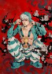  1boy abs aqua_hat aqua_jacket aqua_pants belt belt_buckle black_sclera bracelet brown_belt buckle chest_harness colored_sclera commentary english_commentary full_body harness hat highres jacket jewelry jojo_no_kimyou_na_bouken long_sleeves male_focus metallica_(stand) painting_(medium) pants pectorals red_background red_eyes risotto_nero solo solo_focus squatting stand_(jojo) striped_clothes striped_pants traditional_media vento_aureo watercolor_(medium) white_hair white_pants xfkart 
