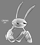  4_fingers anthro bodily_fluids cheeky_smile crossed_arms cum cum_covered fingers genital_fluids glistening glistening_body glitch_productions jax_(tadc) karnthud lagomorph leporid looking_aside male mammal messy narrowed_eyes rabbit smile solo text the_amazing_digital_circus 