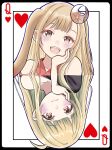  1girl absurdres animal_ears black_shirt blonde_hair blush brown_eyes card cho_kaguya-hime! closed_mouth commentary_request crescent crescent_hair_ornament fang hair_ornament highres kaguya_(cho_kaguya-hime!) long_hair macqueen7777 multiple_views open_mouth playing_card queen_(playing_card) queen_of_hearts_(playing_card) rabbit_ears rabbit_girl shirt 
