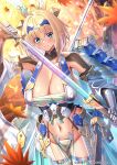  1girl ahoge animal_ears armor autumn autumn_leaves black_gloves black_panties blonde_hair blue_eyes breasts bunny_suit_planning cleavage closed_mouth collarbone commentary_request copyright_notice covered_nipples cowboy_shot crossed_bangs detached_sleeves fake_animal_ears falling_leaves faulds garter_straps glint gloves hair_between_eyes headgear highres holding holding_sheath holding_sword holding_weapon japanese_clothes large_breasts leaf looking_at_viewer mecha_musume mechanical_ears navel outdoors panties pelvic_curtain rabbit_ears revealing_clothes see-through_clothes sheath short_hair sidelocks skindentation smile solo sophia_f_shirring standing stomach strapless sword takamine_nadare thigh_strap tree tube_top underwear unsheathing weapon white_sleeves 