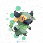  abstract_background absurdres artist_name black_horns bright_pupils cow fakemon geanvieirap green_fur highres horns original pokemon pokemon_(creature) red_eyes solo standing sugimori_ken_(style) tail twitter_logo twitter_username white_pupils 