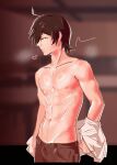  1boy abs araragi_koyomi azmcch black_hair brown_pants commentary highres kizumonogatari male_focus monogatari_(series) pants shirt solo topless_male undressing untranslatable_commentary white_shirt 