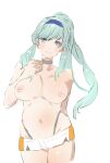  1girl absurdres breasts choker commentary_request green_eyes green_hair hairband heaven_burns_red highres large_breasts looking_at_viewer murofushi_risa nanashisanhvbn pantylines ponytail shorts simple_background white_background 
