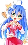  1girl :3 :d ahoge blue_hair blush commentary_request cowboy_shot green_eyes hair_between_eyes head_tilt izumi_konata long_hair long_sleeves looking_at_viewer lucky_star mani_(manidrawings) midriff_peek mole mole_under_eye neckerchief open_mouth pleated_skirt red_neckerchief red_sailor_collar red_skirt ryouou_school_uniform sailor_collar school_uniform serafuku shirt sidelocks skirt smile solo very_long_hair white_background white_shirt 