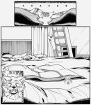 2026 anthro beastars bed bedroom black_and_white blush boxers_(clothing) canid canine canis clothing emmacat64 fangs furniture hi_res ladder legoshi_(beastars) male mammal micro_male monochrome on_bed scratches shocked shrunk solo teeth underwear wolf