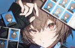  1girl artist_name blue_background brown_eyes brown_hair closed_mouth commentary_request hair_between_eyes hand_up highres long_sleeves looking_at_viewer maria_(syake-uni) original parted_lips photo_(object) portrait simple_background solo tongue tongue_out 