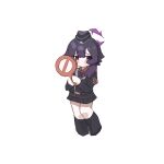  1girl :< belt beret black_boots black_hat black_jacket blue_archive blush boots calves center-flap_bangs chibi collared_shirt cross dress_shirt frown hair_between_eyes halo haruka_(blue_archive) hat highres holding holding_sign jacket lapels long_sleeves looking_to_the_side metronomechan nervous pleated_skirt puffy_long_sleeves puffy_sleeves purple_eyes purple_hair purple_halo red_shirt road_sign shirt sign silver_trim simple_background skirt solo stop_sign white_background 