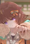  1girl absurdres anya_melfissa anya_melfissa_(indonesian_casual) blonde_streaks bow brown_hair collared_shirt commentary gradient_hair hair_bow hair_over_one_eye half-closed_eyes highres hololive hololive_indonesia jacket long_hair long_sleeves looking_at_viewer multicolored_hair necktie official_alternate_costume official_alternate_hairstyle open_clothes open_jacket orange_bow orange_jacket parted_lips print_collar puffy_long_sleeves puffy_sleeves purple_eyes reaching reaching_towards_viewer shirafu_ne shirt sleeves_past_fingers sleeves_past_wrists solo streaked_hair swept_bangs two-tone_hair upper_body virtual_youtuber white_necktie wolf_cut 